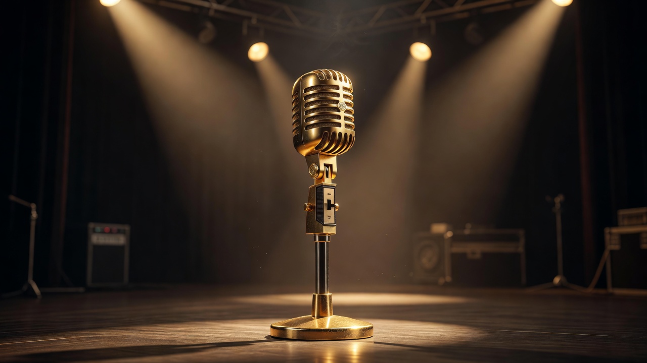 A gold microphone on a stand under warm stage lighting